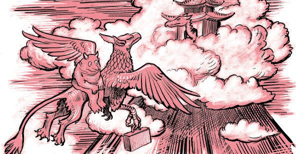 A monster sits on the back of a griffin, flying towards a hotel on top of a tall volcano