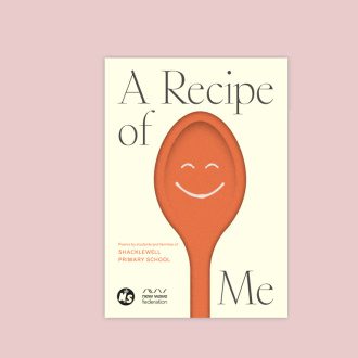 A picture of a book cover which is cream and has a drawing of a wooden spoon with a happy face