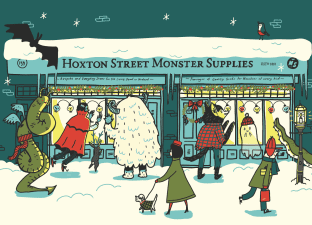 An illustration of monsters peering into Hoxton Street Monster Supplies window front. The street and shop is covered in snow and some of the monsters are wrapped up warm from the cold.