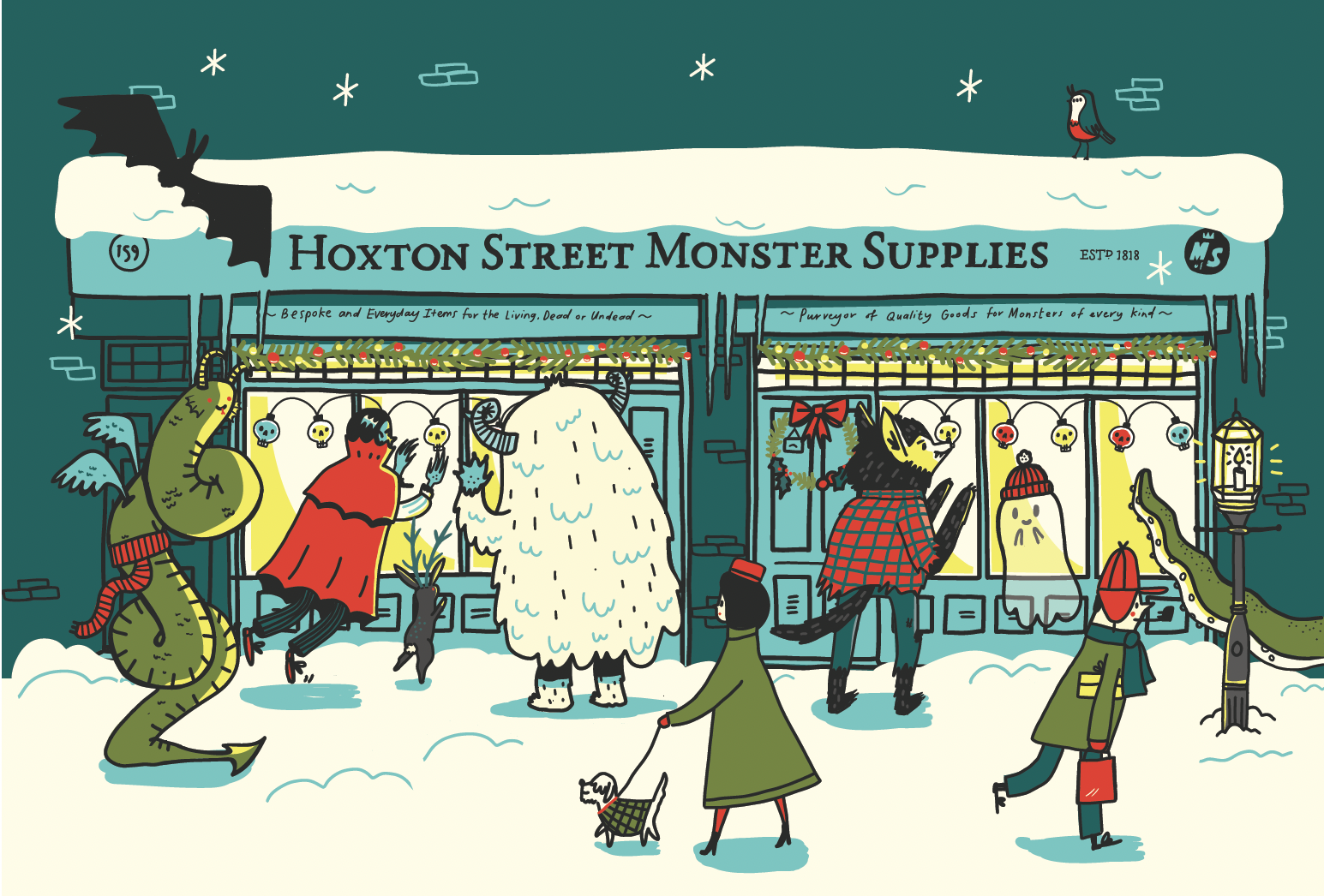 An illustration of monsters peering into Hoxton Street Monster Supplies window front. The street and shop is covered in snow and some of the monsters are wrapped up warm from the cold.