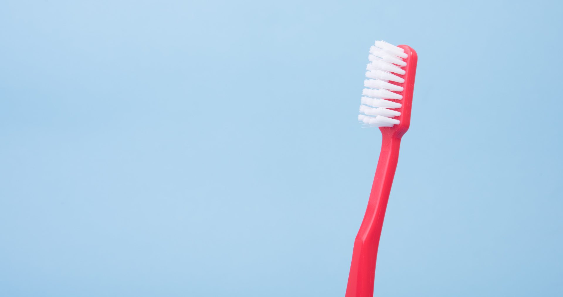 A red toothbrush with white bristles stands tall and straight against a light blue background