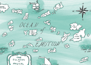 A green and white hand illustrated map, laid flat, shows small islands - floating in the Ocean of Emotion - with odd names such as 'Rotten Stink Fish' and 'Banana Split Isle'