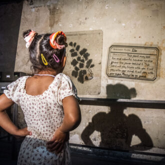 A young girls in a white dress and space buns in her hair, with her back to the camera, looks at the wall which has a large projections of plants and botany notes. Her body casts a shadow among the notes.