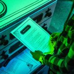 A young boy holds a scary story, underneath a green light