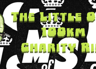 A drawing of a green ogre on a bike is on a banner with the text "The Little Ogre Who Wouldn't Stop 100km Charity Ride" in green next to it. The background is the Ministry of Stories in black and white.