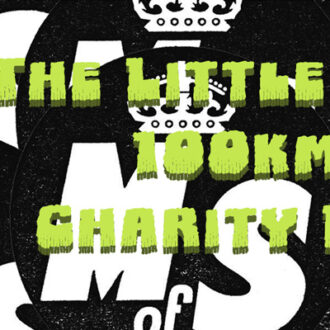 A drawing of a green ogre on a bike is on a banner with the text "The Little Ogre Who Wouldn't Stop 100km Charity Ride" in green next to it. The background is the Ministry of Stories in black and white.