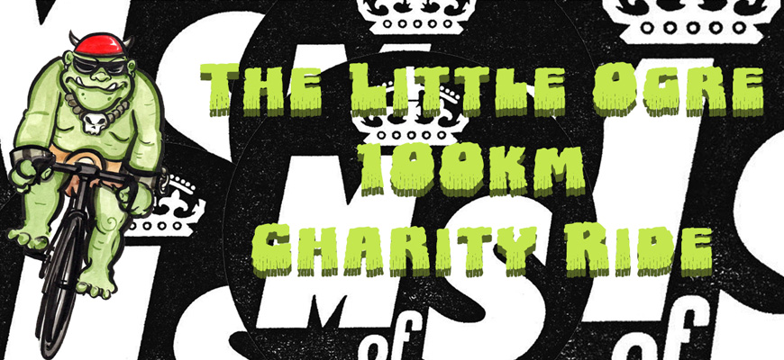 A drawing of a green ogre on a bike is on a banner with the text "The Little Ogre Who Wouldn't Stop 100km Charity Ride" in green next to it. The background is the Ministry of Stories in black and white.