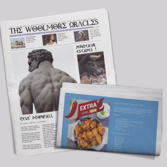 A newspaper is laid out over a grey table. The front cover shows a greek god. The other folded back of the newspaper shows an advert for 'Hades Lava Chicken'.