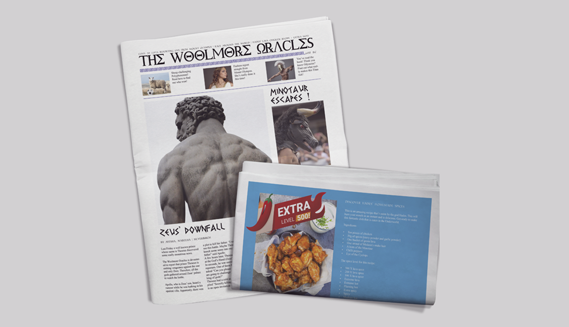 A newspaper is laid out over a grey table. The front cover shows a greek god. The other folded back of the newspaper shows an advert for 'Hades Lava Chicken'.