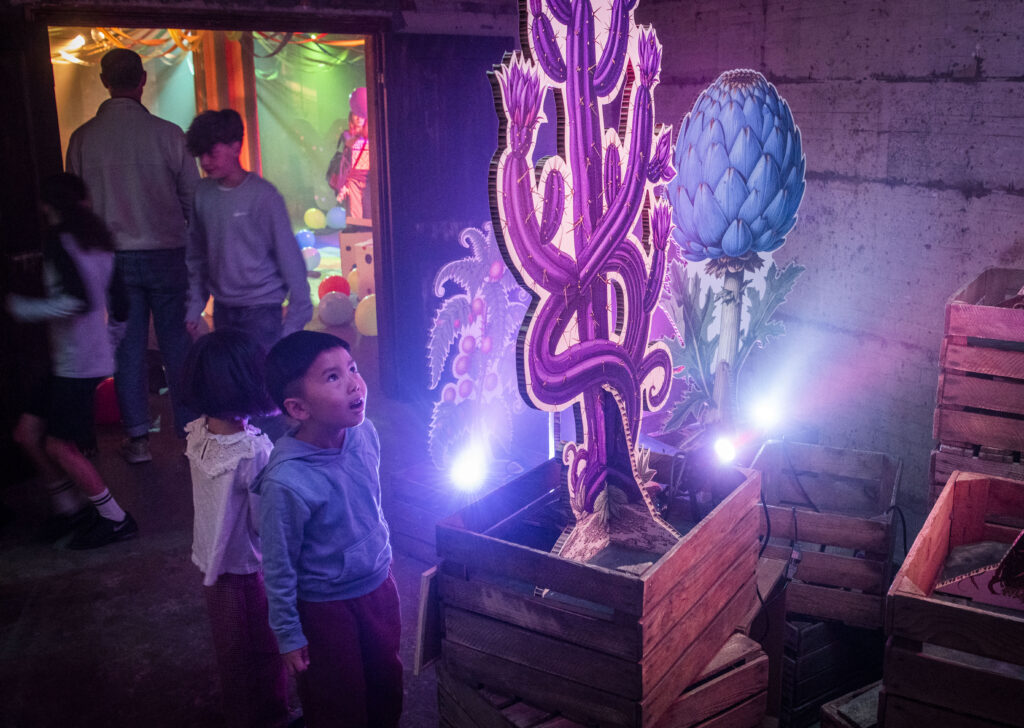 A young boy looks up in awe at a dramatically lit magical flower, made out of cardboard. He is in the Botanist's room in DreamState, an exhibition of young people's writing and ideas.