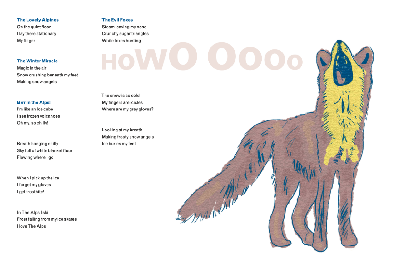 An exert from the Anthology of the Alps showing an illustration of a wolf howling around poems 