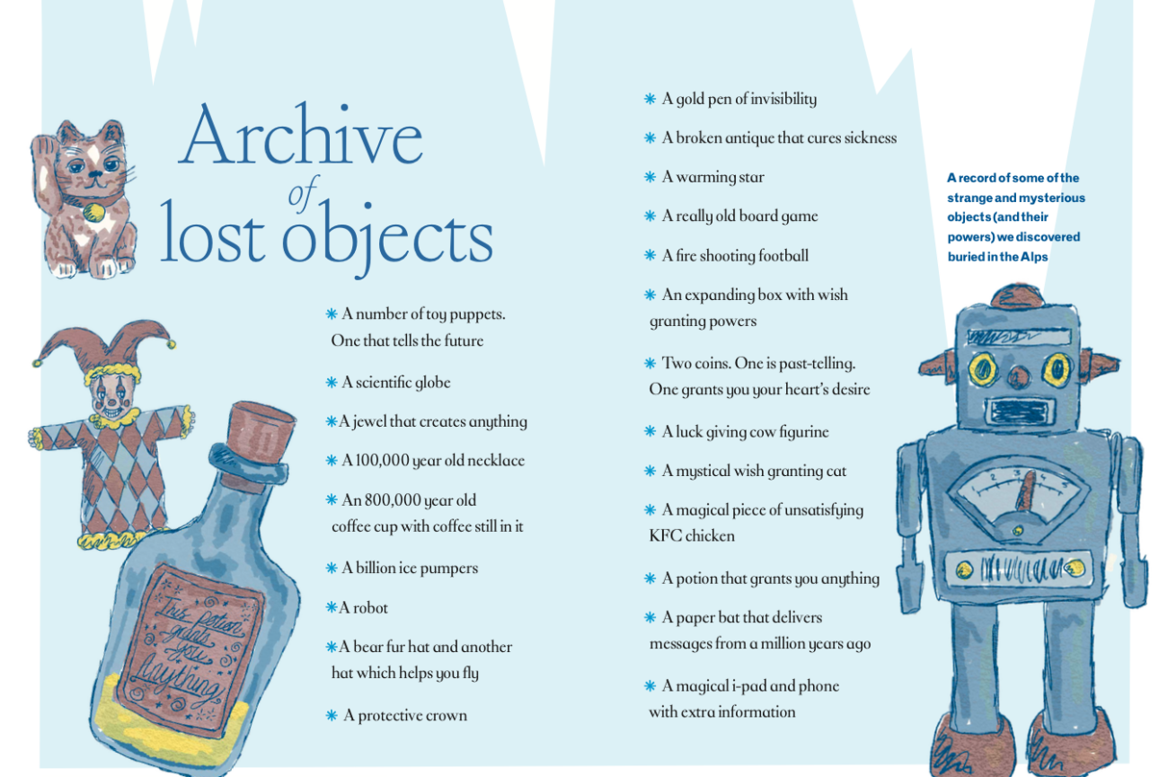 An exert from the Anthology of the Alps showing an illustration of a robot with other lost objects