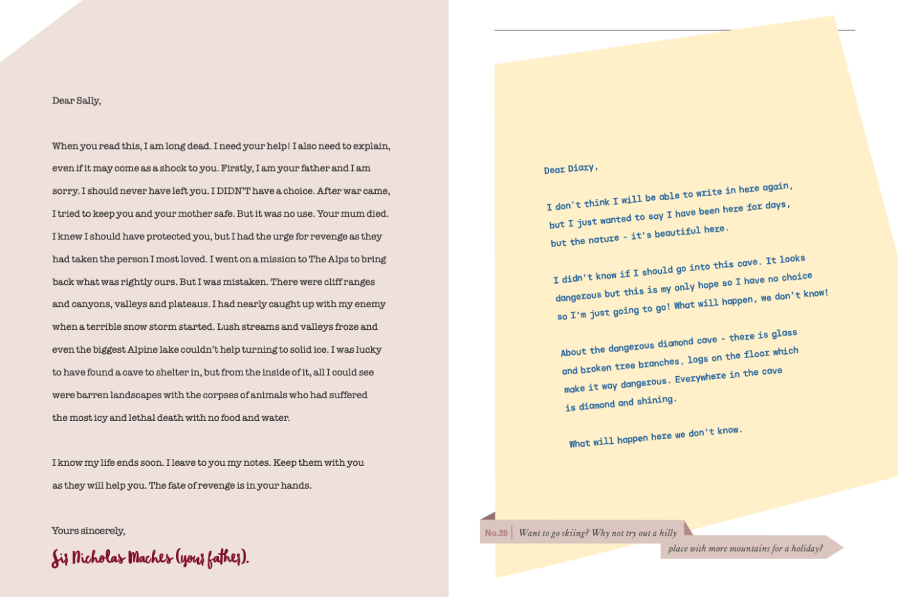 An exert from the Anthology of the Alps showing an illustration of showing letters stuck into a book 