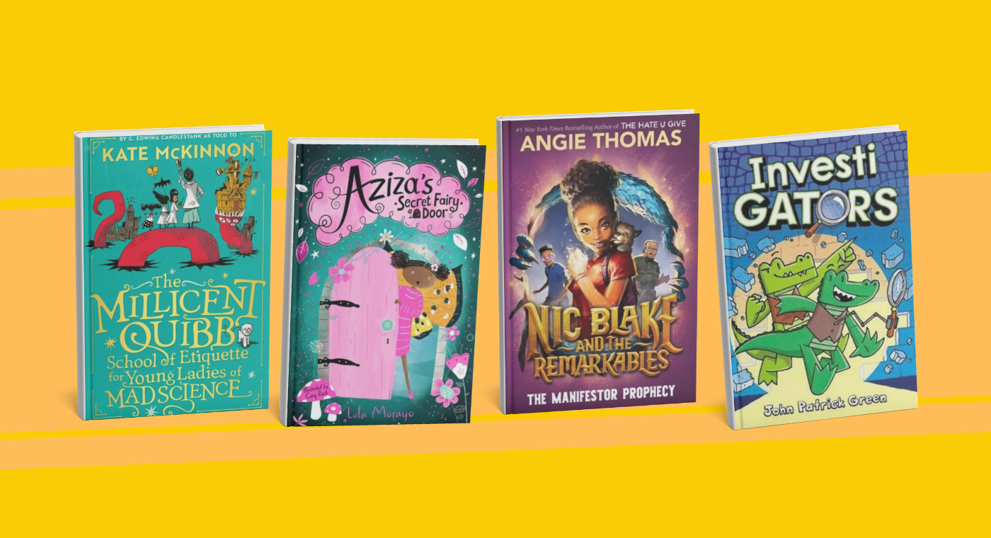 A yellow background with four book covers laid across if featuring book picks from young people.