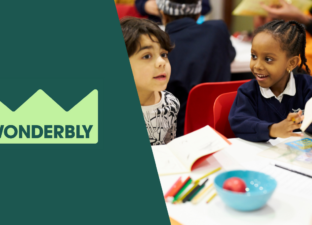 Wonderbly's logo sits alongside a picture of two young children chatting and writing together on a white table.