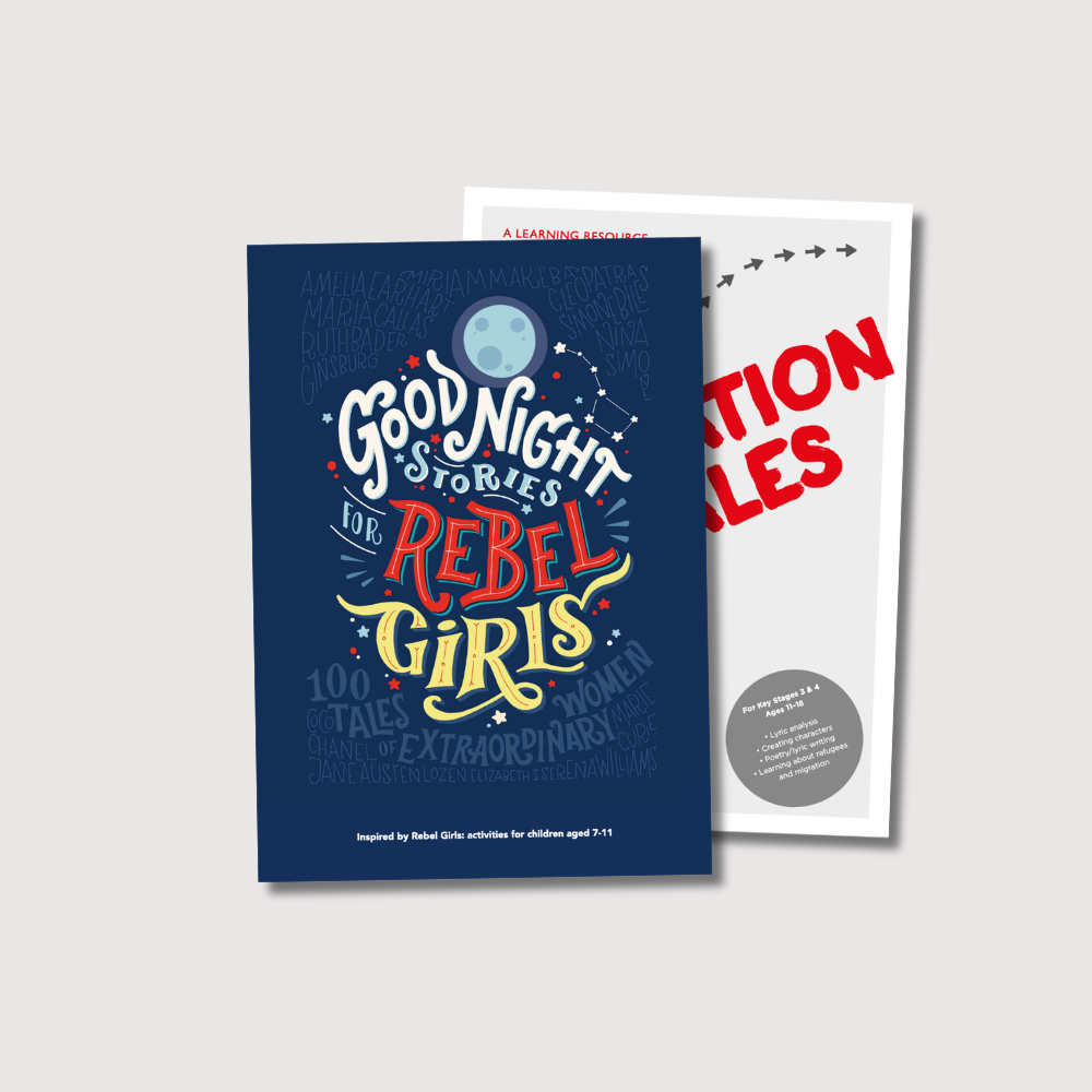Two a4 sheets lay on grey background. One reads 'Goodnight Tales for Rebel GIrls' the other reads 'Migration Tales'.
