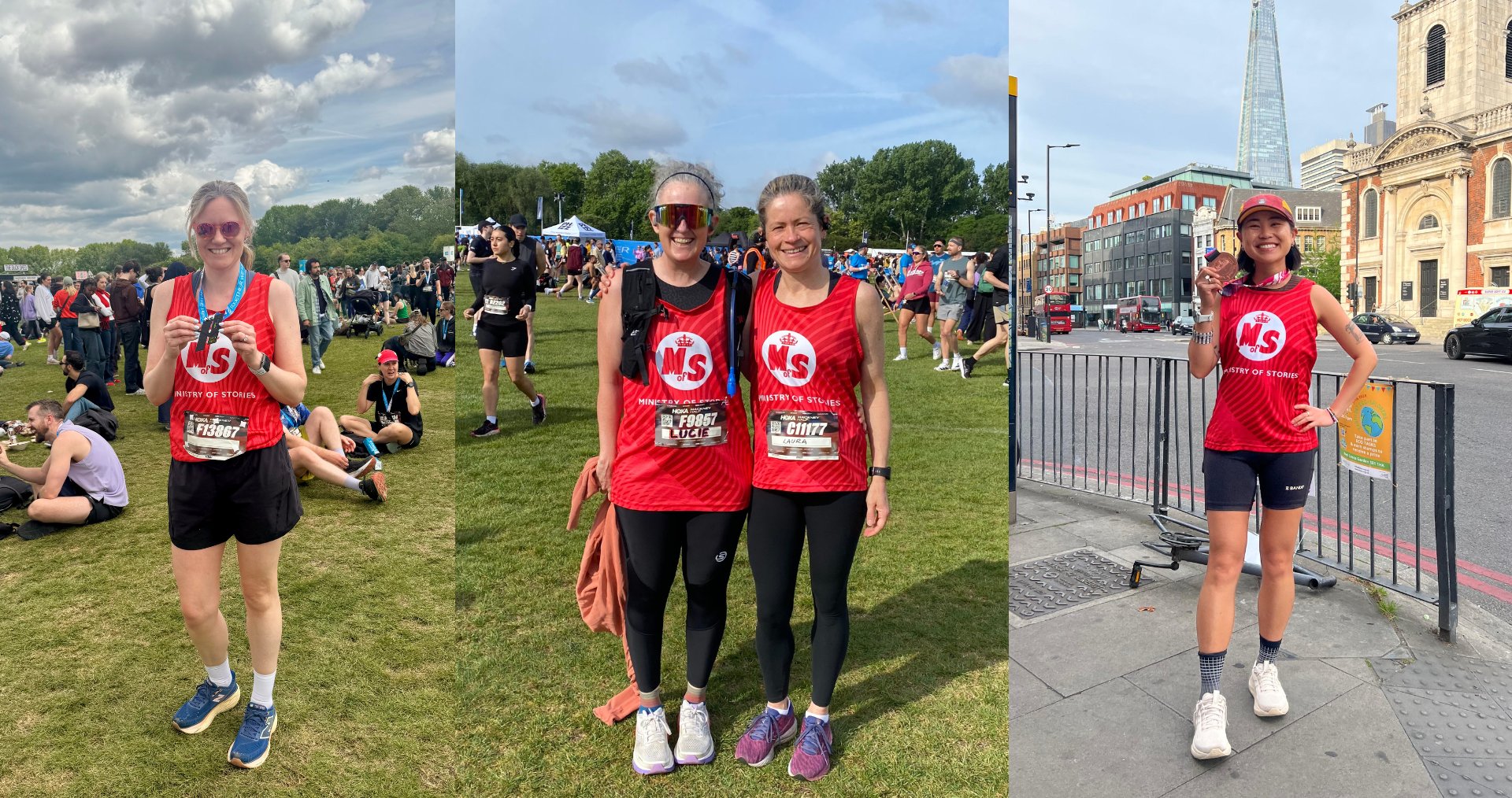 Four runners, wearing the Ministry of Stories runners vest, pose after their races fresh faced and smiling in the sun.