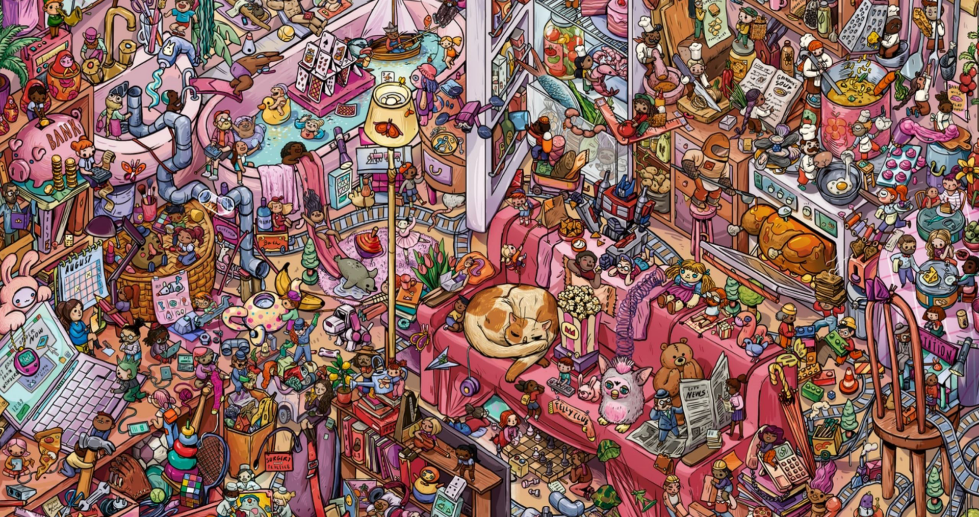 Wonderbly's shrunken universe. A vast, fun and imaginative illustration of a whole world of shrunken objects and people.