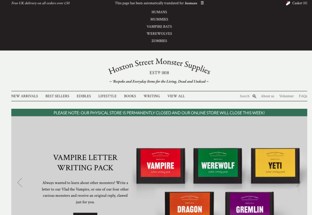 A webpage showing translation options for vampire bats, zombies, werewolves and more